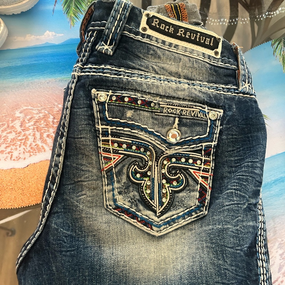 Rock Revival Blue Skinny Jeans with Embellished Pockets